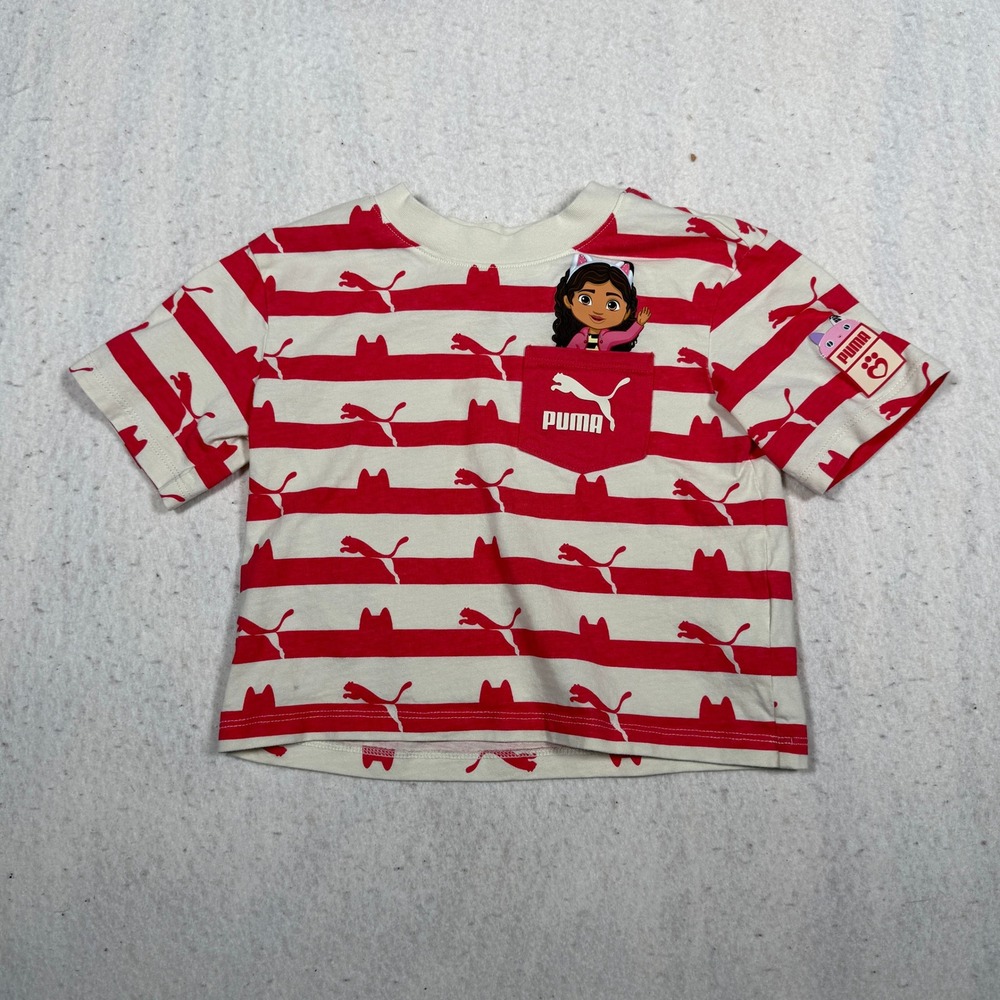 Puma x Gabbys Dollhouse Girls Red White Striped Pocket T-Shirt 4T